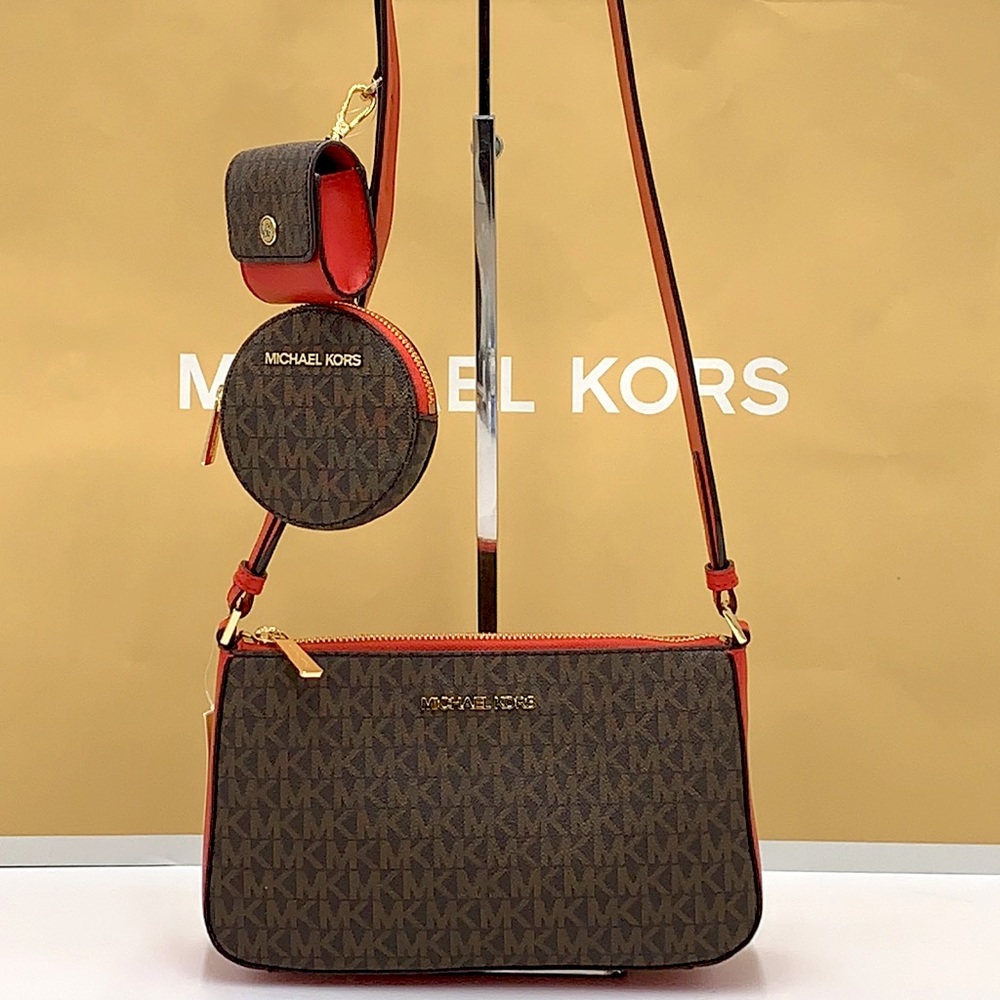 Michael Kors Jet Set Travel Small Crossbody w Tech Attch Flame/Brown signature - Picture 1 of 16
